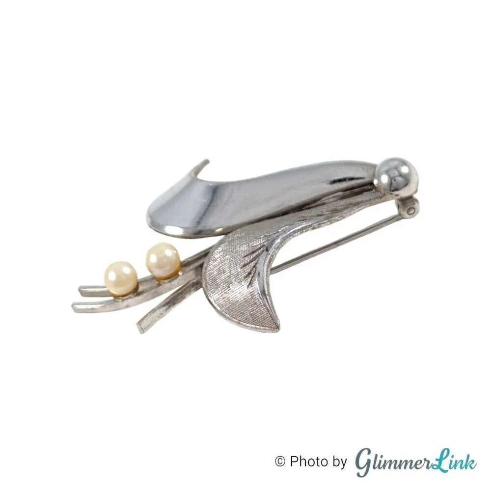 VTG Curtis Creations Uncas 925 Sterling Silver Pearl Floral Leaves Brooch